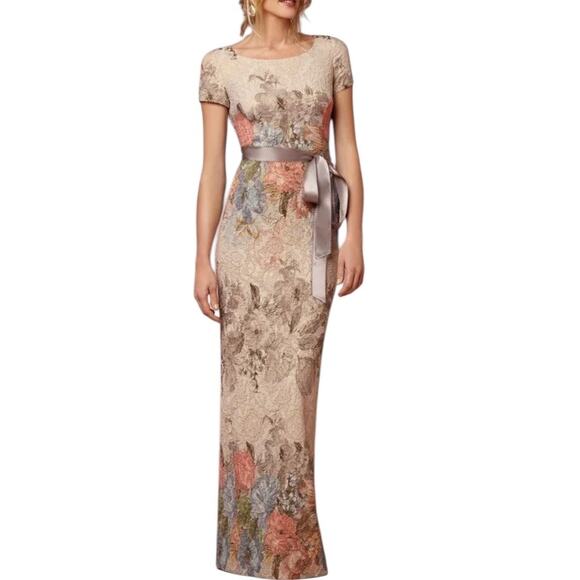 Adrianna Papell Melinda Matelasse Floral Column Gown Size 12 Cap Sleeves Shimmer - Picture 1 of 10